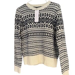 French Connection Fair Isle Black/Cream Knit Crew Sweater.‎ Women’s Medium. NWT.